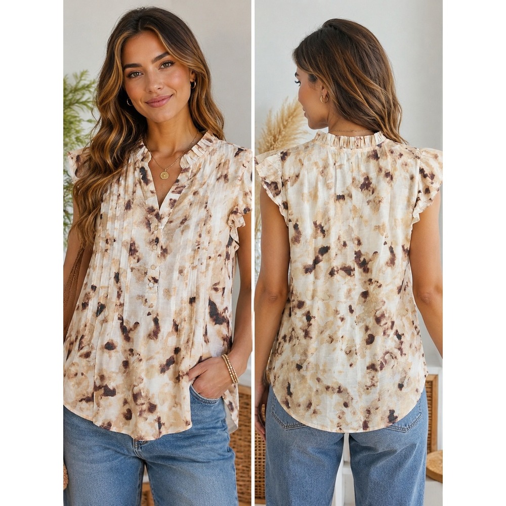 Kate Park Blouse Abstract Tie‎ Dye Ruffle Neck Pintuck Flutter Sleeve Neutral S